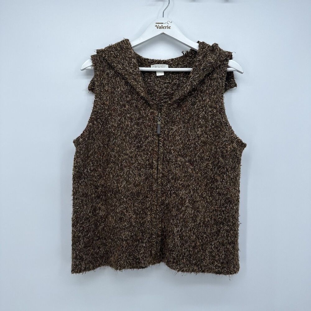 Christopher & Banks Brown Fuzzy Sleeveless Vest Zip Knit Top Acrylic Boho Large